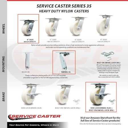 Service Caster 4 Inch Nylon Caster Brakes/Swivel Locks and 2 Rigid, 2PK SCC-35S420-NYR-SLB-BSL-2-R-2